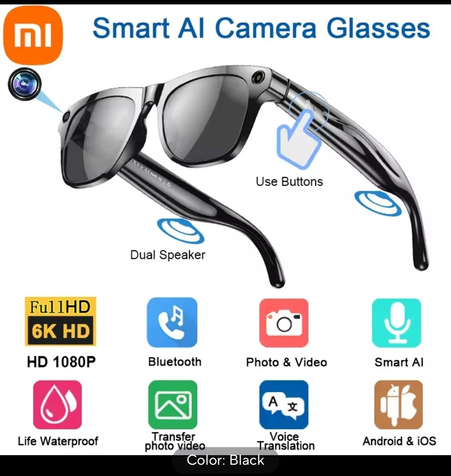 Xiaomi AI Glasses with 4K camera, smart voice assistant, Bluetooth, translation, video and audio recording – Black, Brand New